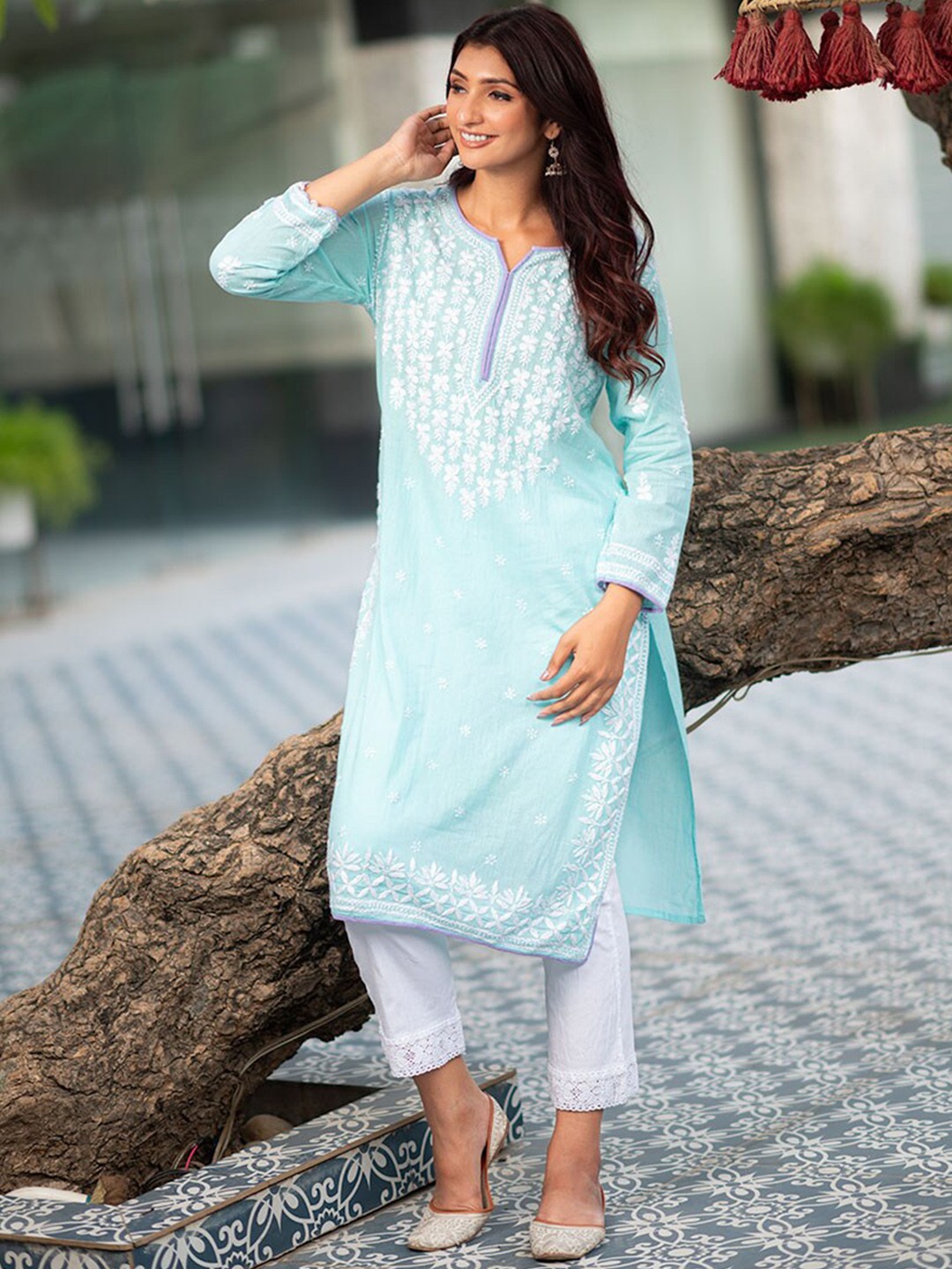 

Rangreza Ethnic Floral Embroidered Flared Zari Pleated Cotton A-Line Kurta, Blue
