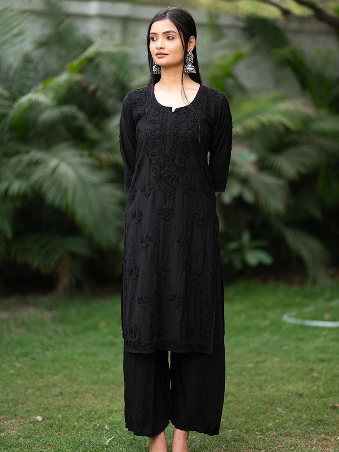 

Rangreza Ethnic Floral Embroidered Flared Thread Work Cotton A-Line Kurta, Black