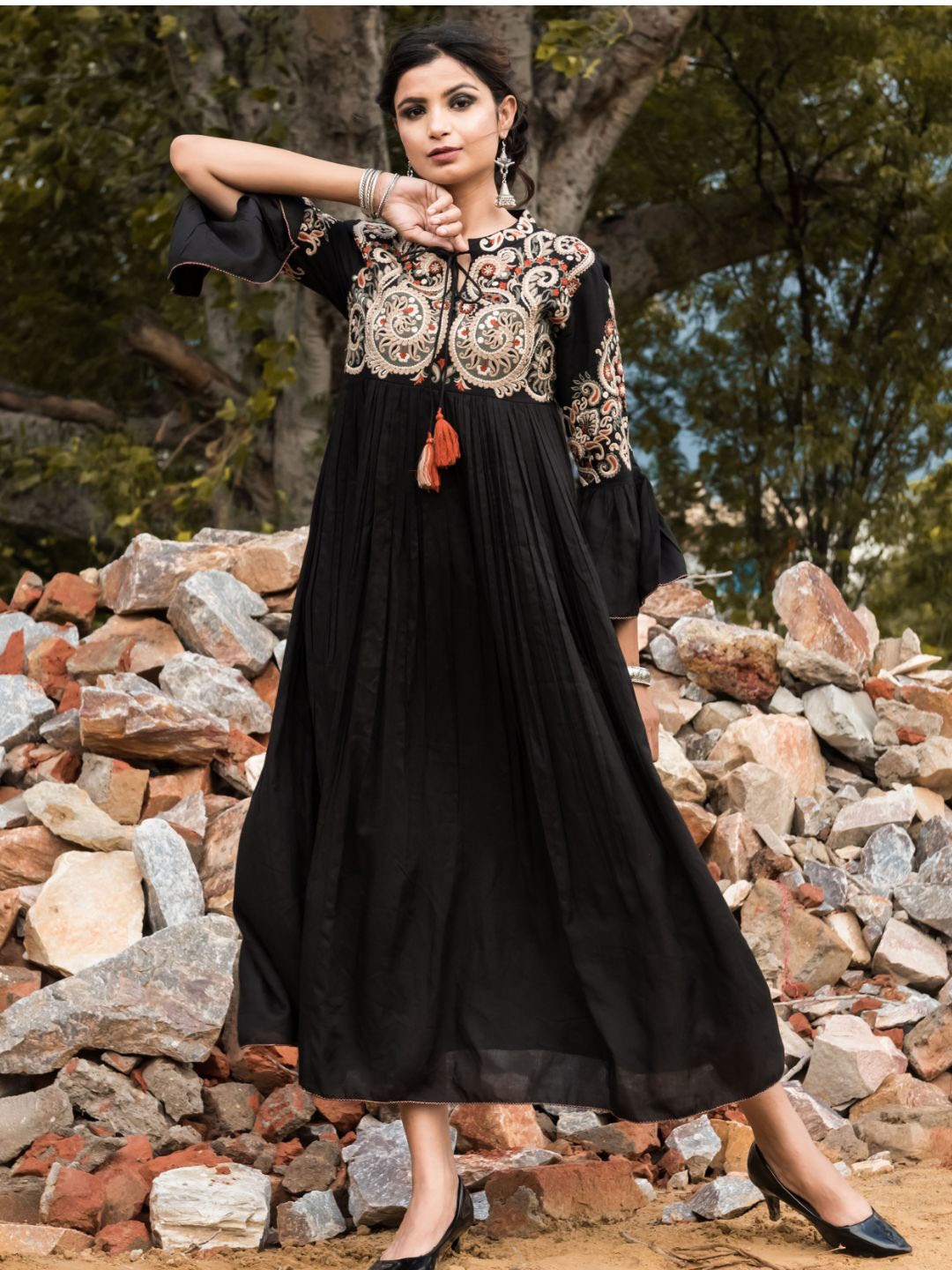 

Zolo Label Floral Embroidered Tie-Up Neck Cotton Maxi Dress, Black
