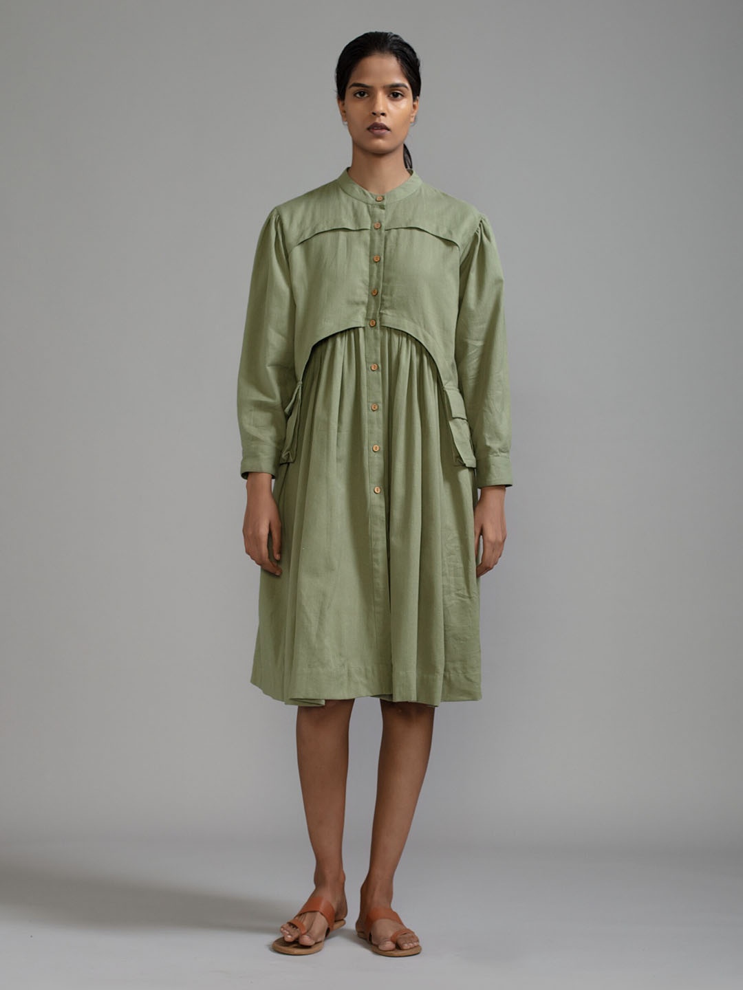 

MATI Band Collar Long Puff Sleeve A-Line Dress, Green