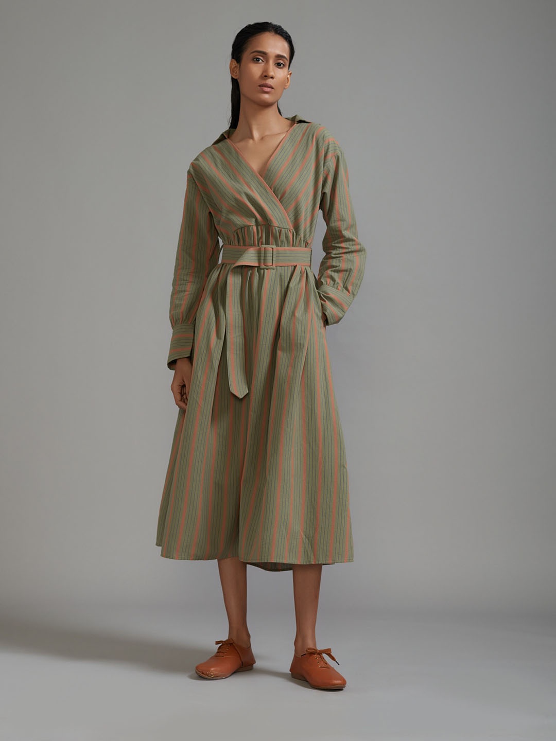 

MATI Striped V-Neck Belted Fit and Flare Dress, Green