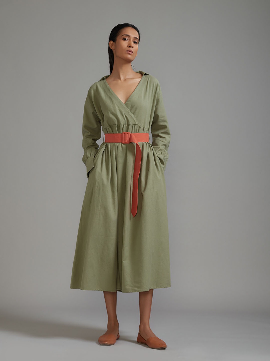 

MATI V-Neck Cotton A-Line Midi Dress, Green