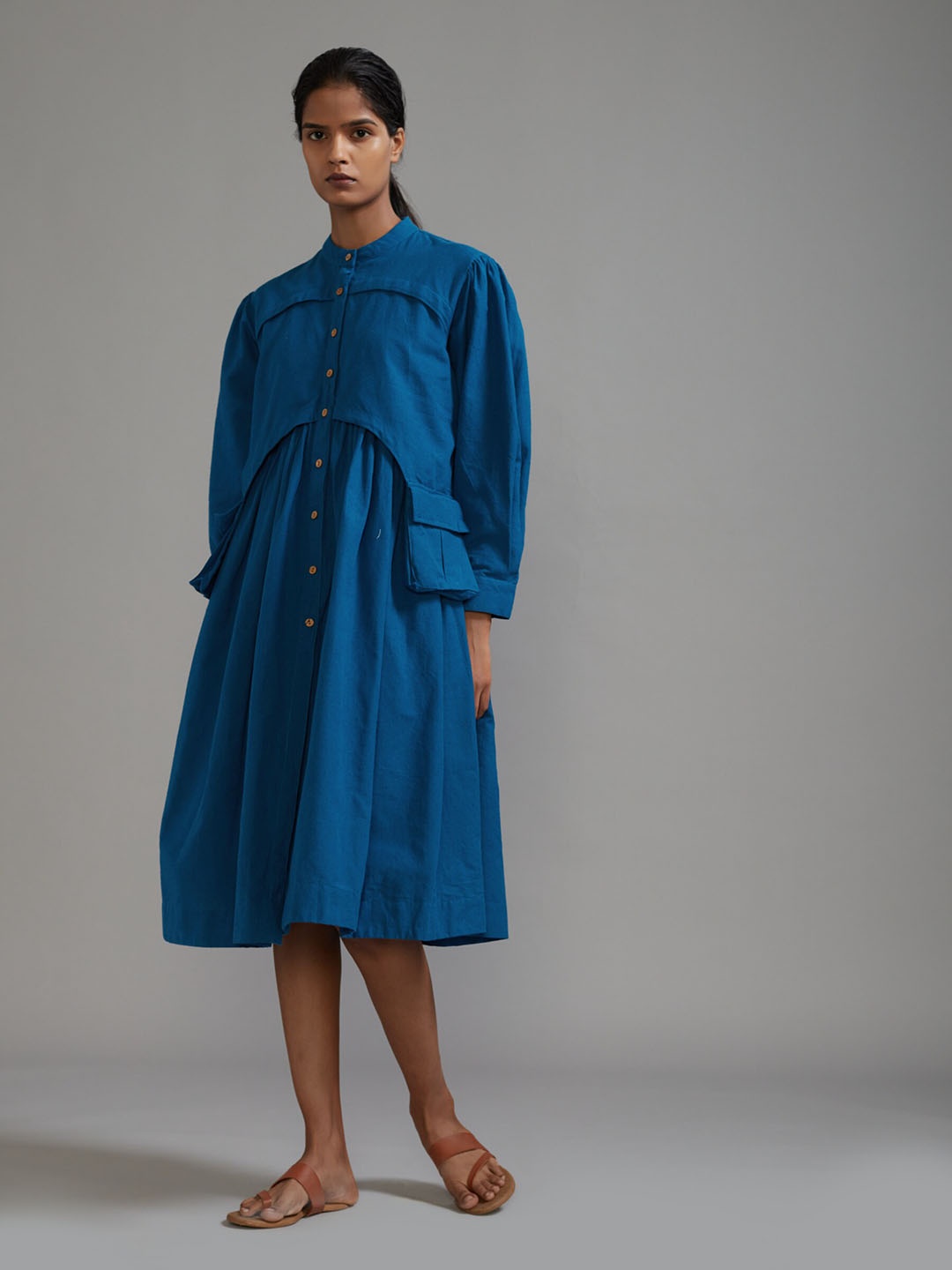 

MATI Mandarin Collar Cuffed Sleeves Cotton A-Line Dress, Blue