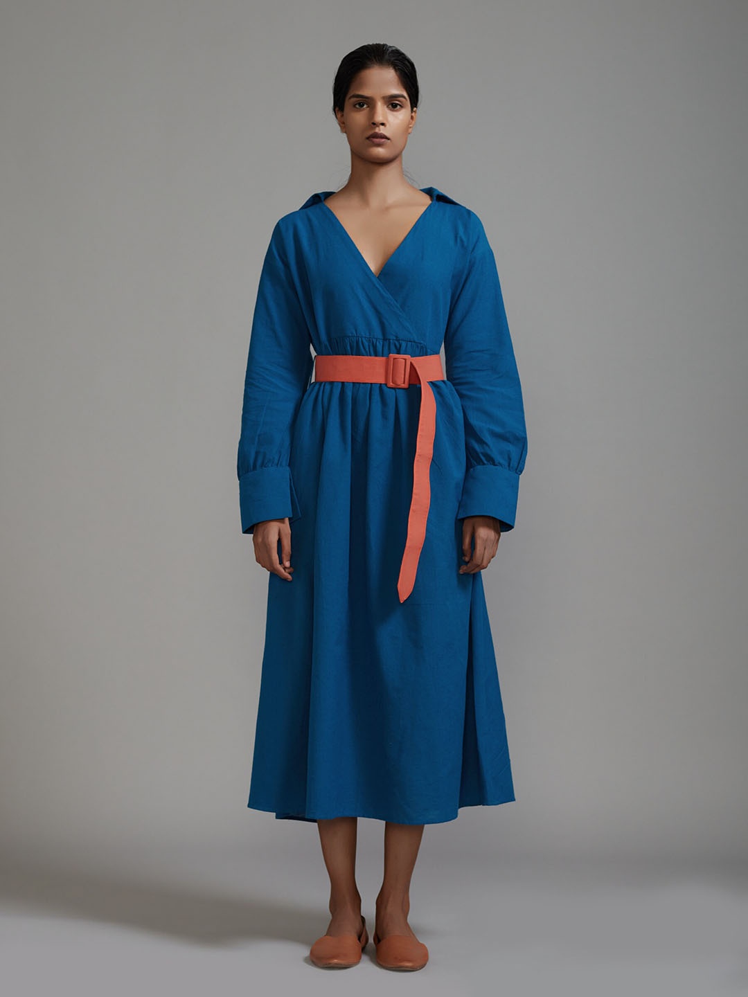 

MATI V-Neck A-Line Cotton Midi Belted Dress, Blue