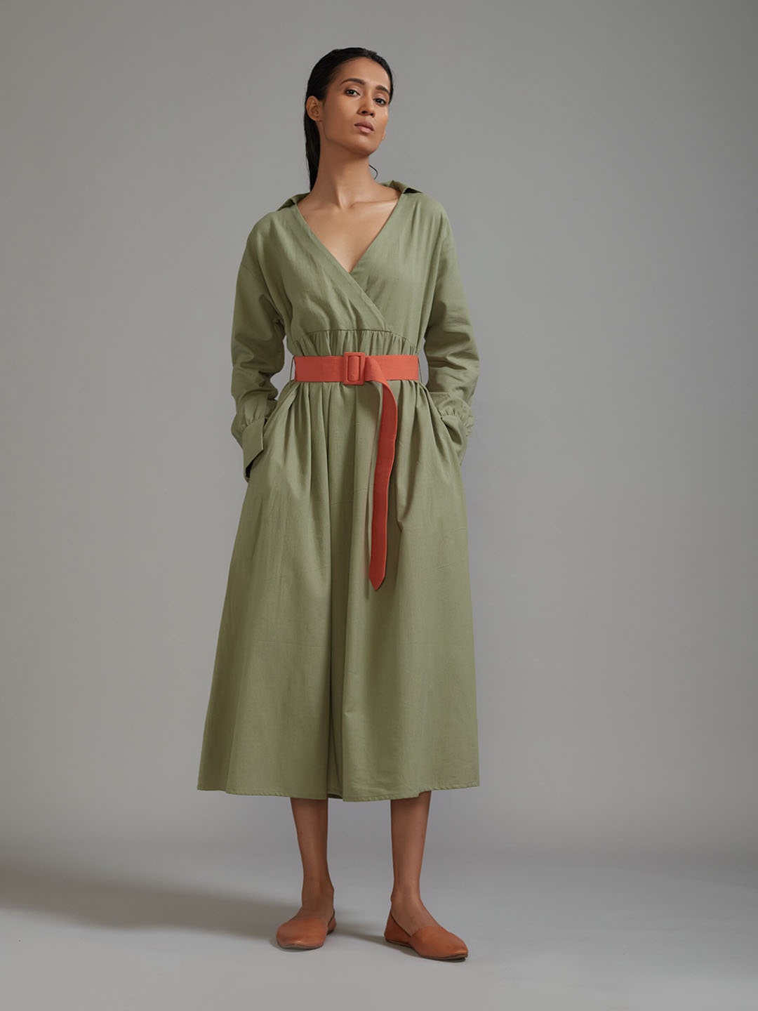 

MATI Striped V-Neck Belted Fit and Flare Dress, Green