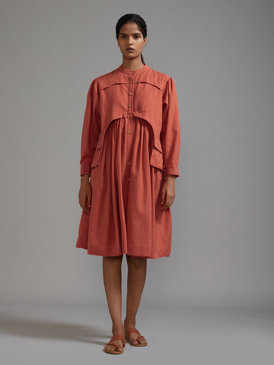 

MATI Mandarin Collar Cuffed Sleeves Cotton A-Line Dress, Rust