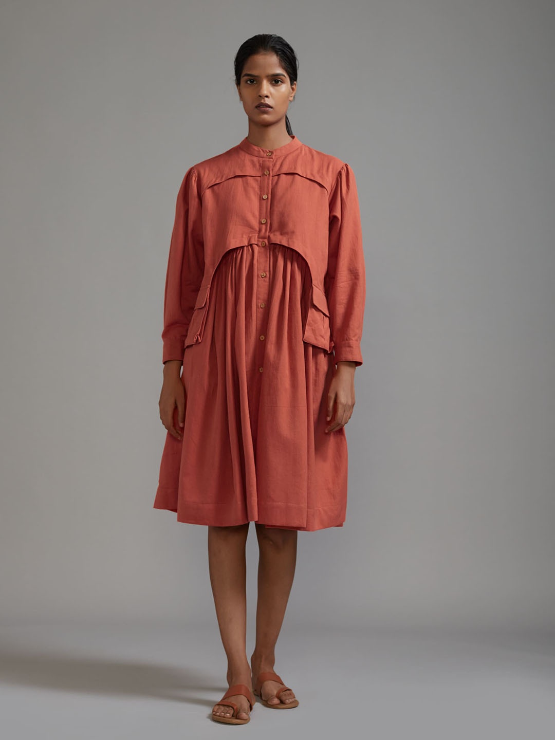 

MATI Mandarin Collar Cotton A-Line Dress, Rust