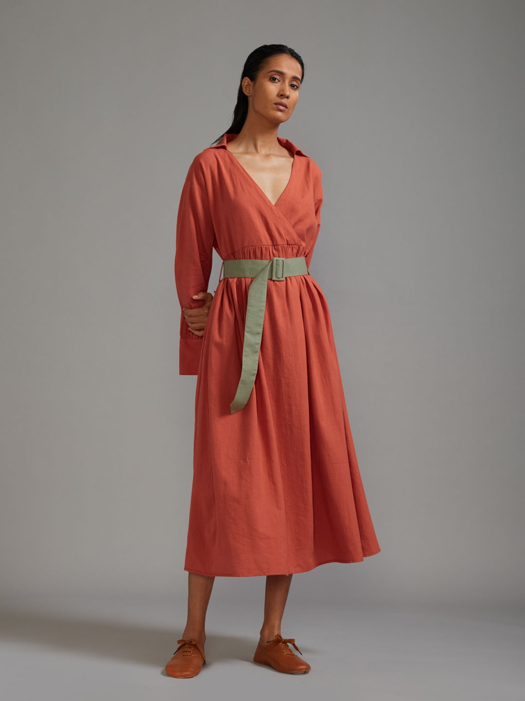 

MATI V-Neck A-Line Cotton Midi Belted Dress, Rust