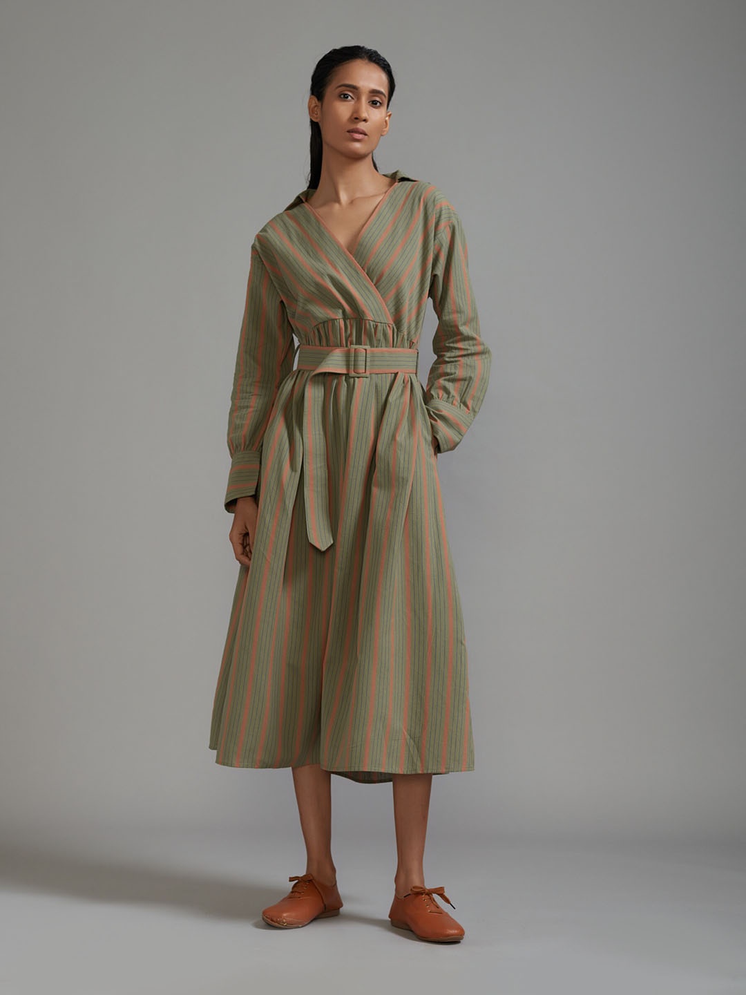 

MATI Striped V-Neck Belted Fit and Flare Dress, Green