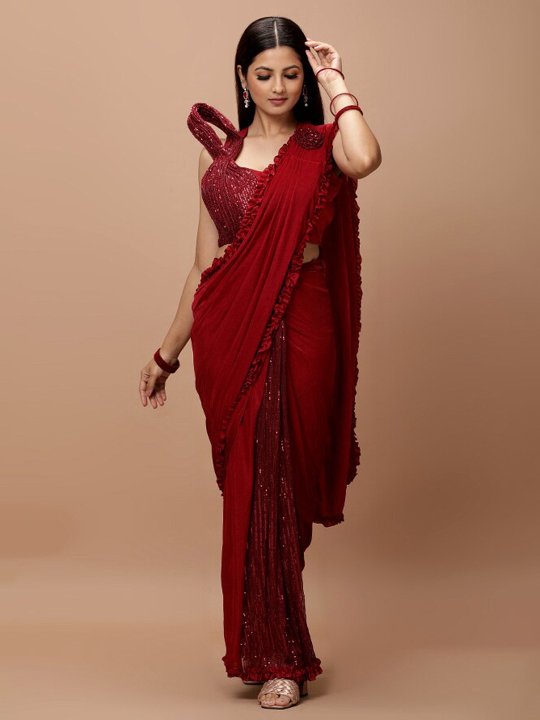 

Vervee Couture Embellished Sequinned Half and Half Saree, Burgundy