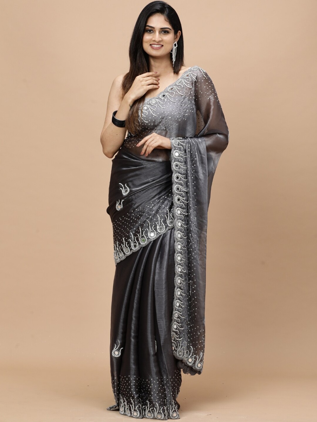 

Vervee Couture Embellished Beads and Stones Organza Heavy Work Saree, Grey