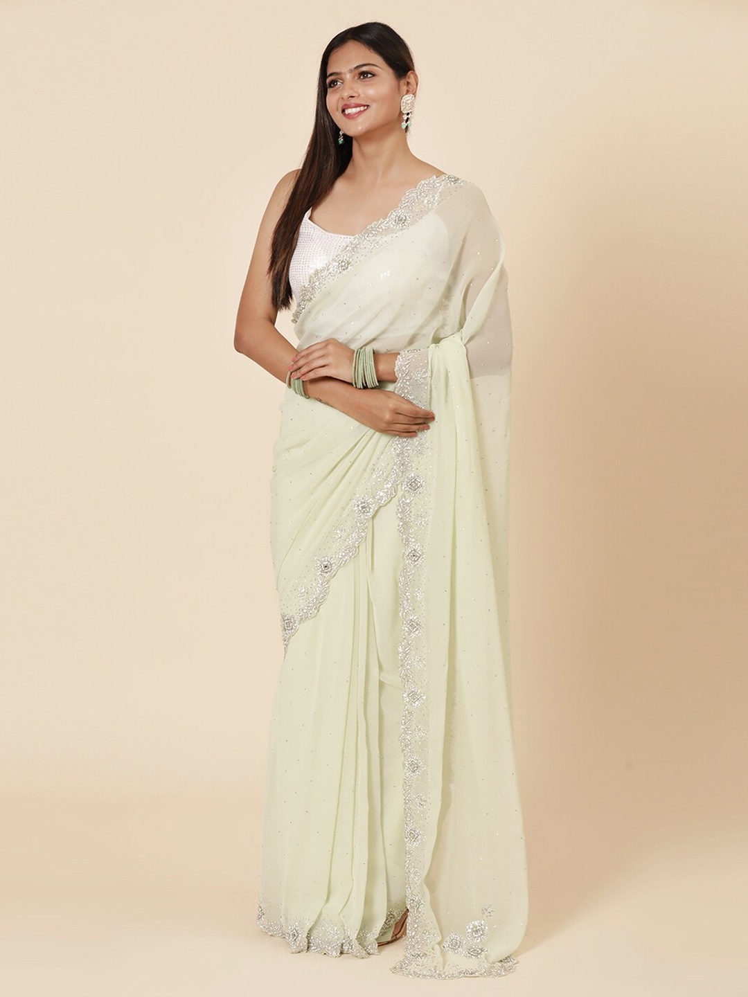 

Vervee Couture Embellished Beads and Stones Pure Georgette Heavy Work Saree, Green