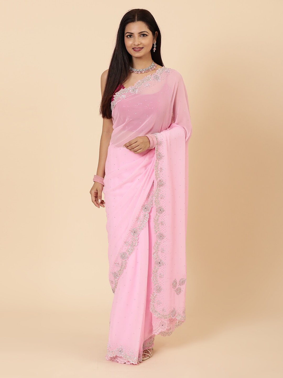 

Vervee Couture Embellished Beads and Stones Pure Georgette Saree, Pink