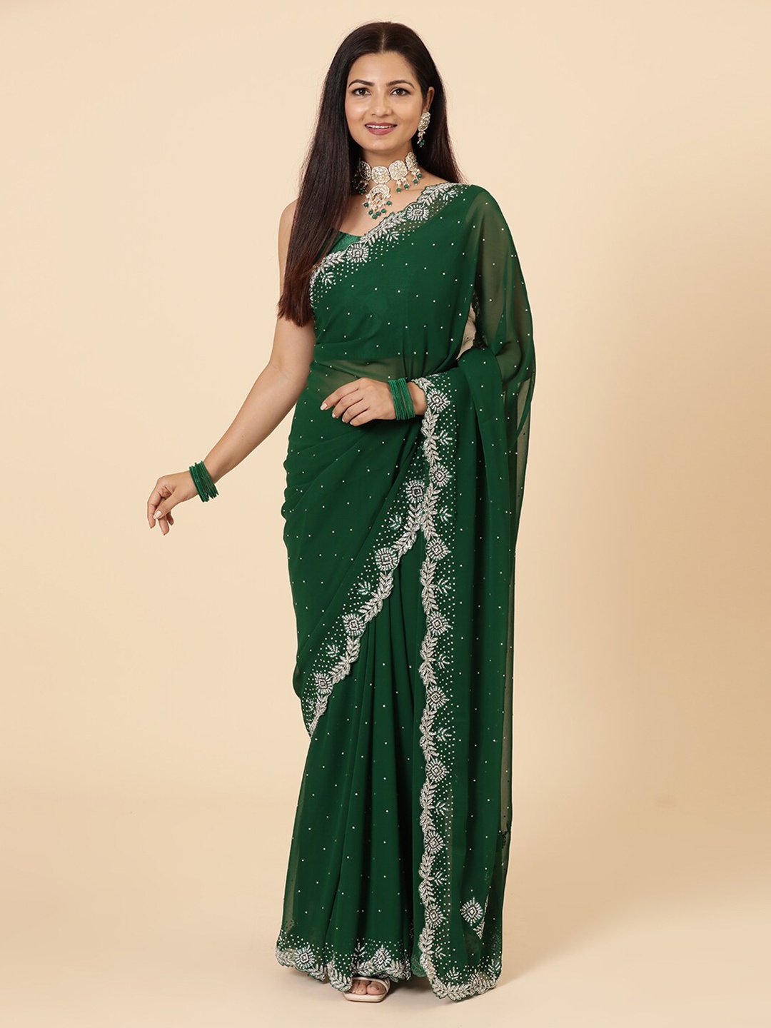 

Vervee Couture Embellished Beads and Stones Pure Georgette Saree, Green