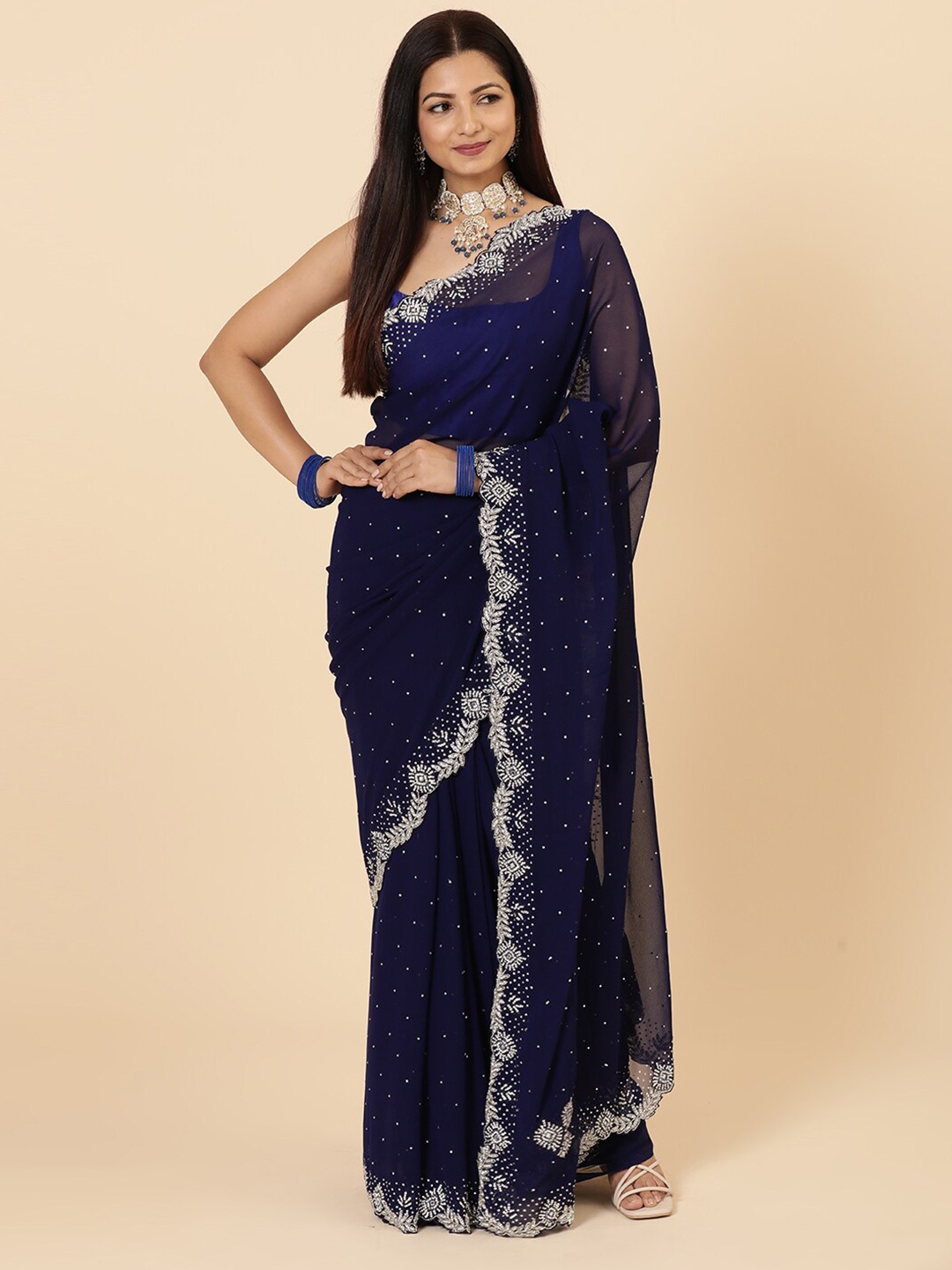 

Vervee Couture Embellished Beads and Stones Pure Georgette Saree, Navy blue
