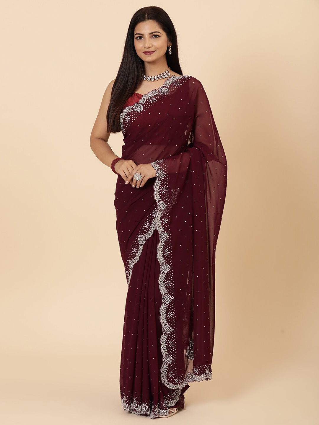 

Vervee Couture Embellished Beads and Stones Pure Georgette Saree, Purple