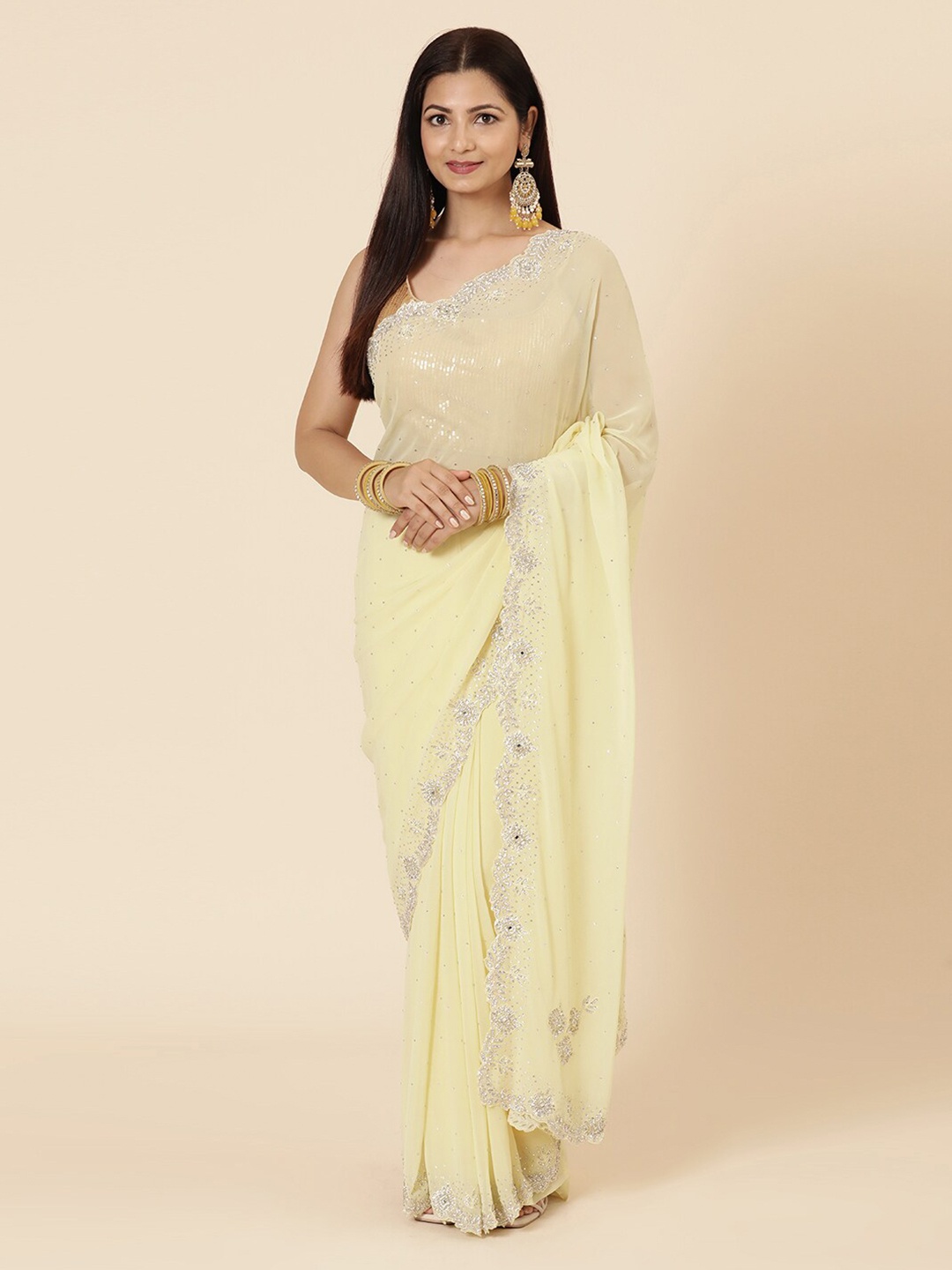 Vervee Couture Embellished Beads and Stones Pure Georgette Saree, Yellow