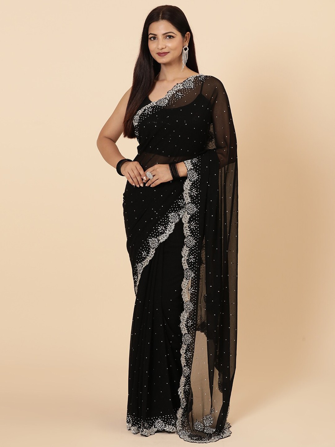 

Vervee Couture Embellished Beads and Stones Pure Georgette Saree, Black