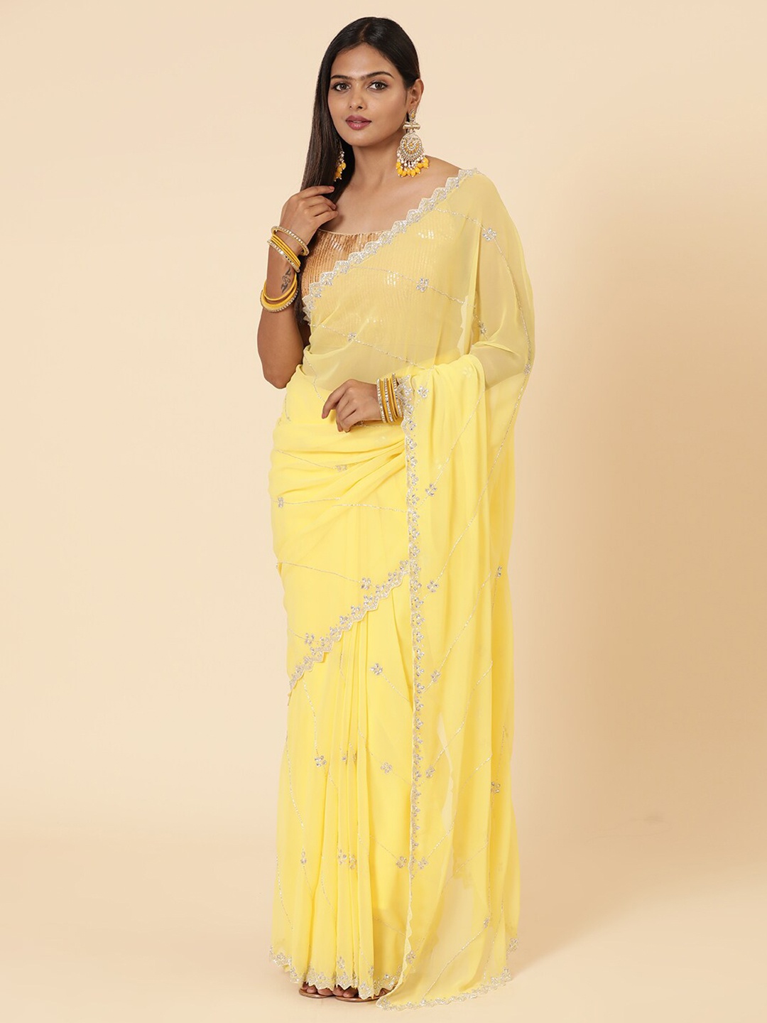 

Vervee Couture Embellished Beads and Stones Pure Georgette Saree, Yellow