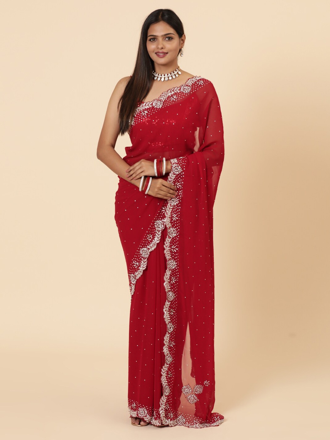 

Vervee Couture Embellished Beads and Stones Pure Georgette Saree, Red
