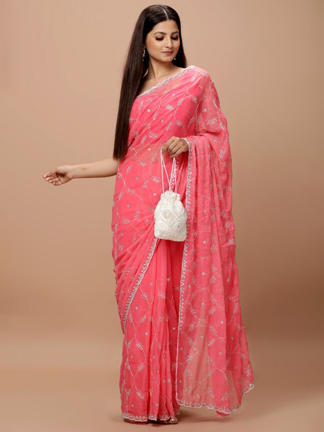 

Vervee Couture Embellished Beads and Stones Pure Georgette Saree, Pink