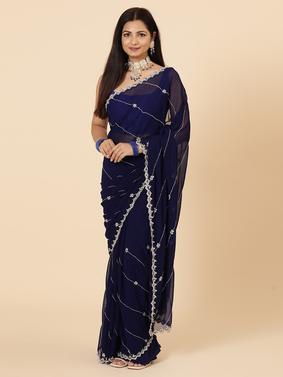 

Vervee Couture Embellished Beads and Stones Pure Georgette Saree, Navy blue