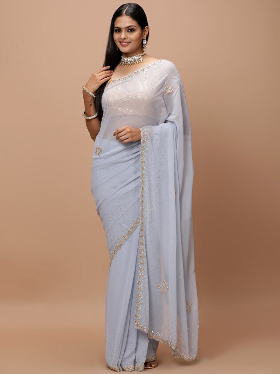 

Vervee Couture Embellished Beads and Stones Pure Georgette Saree With Blouse Piece, Grey