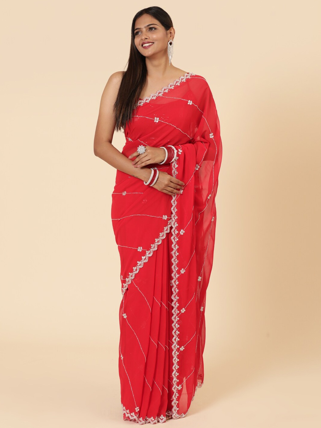 

Vervee Couture Embellished Beads and Stones Pure Georgette Saree, Red