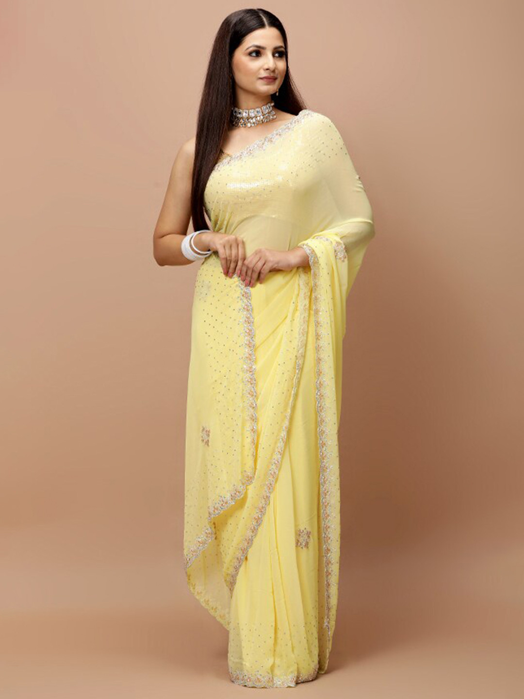 

Vervee Couture Embellished Beads and Stones Pure Georgette Saree, Yellow