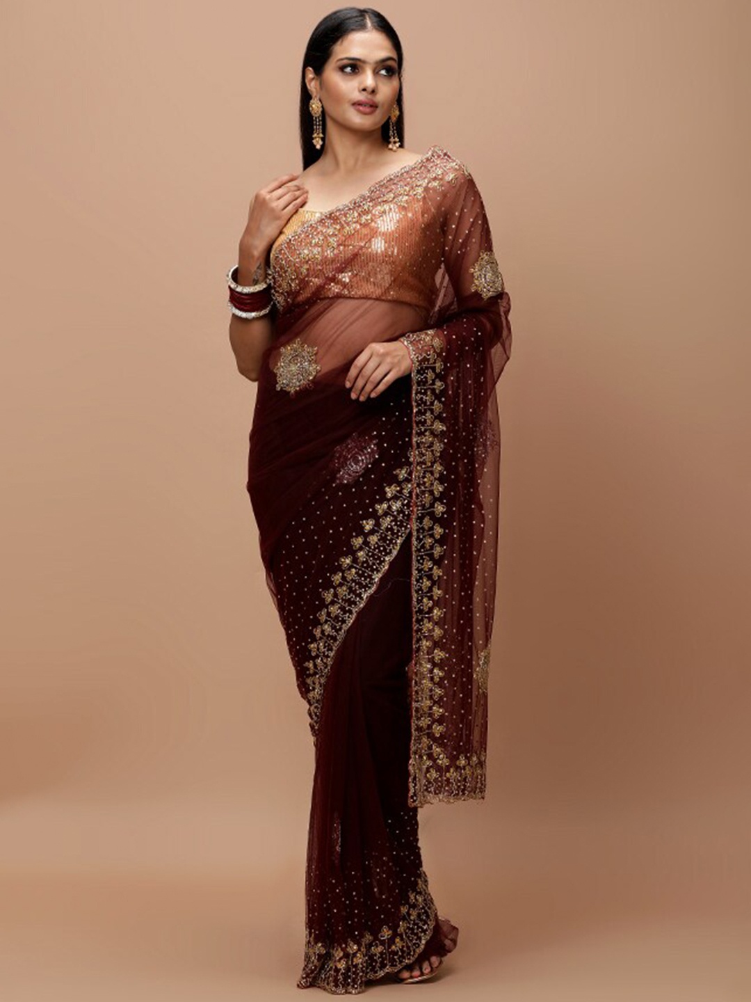 

Vervee Couture Embellished Beads and Stones Net Saree, Maroon