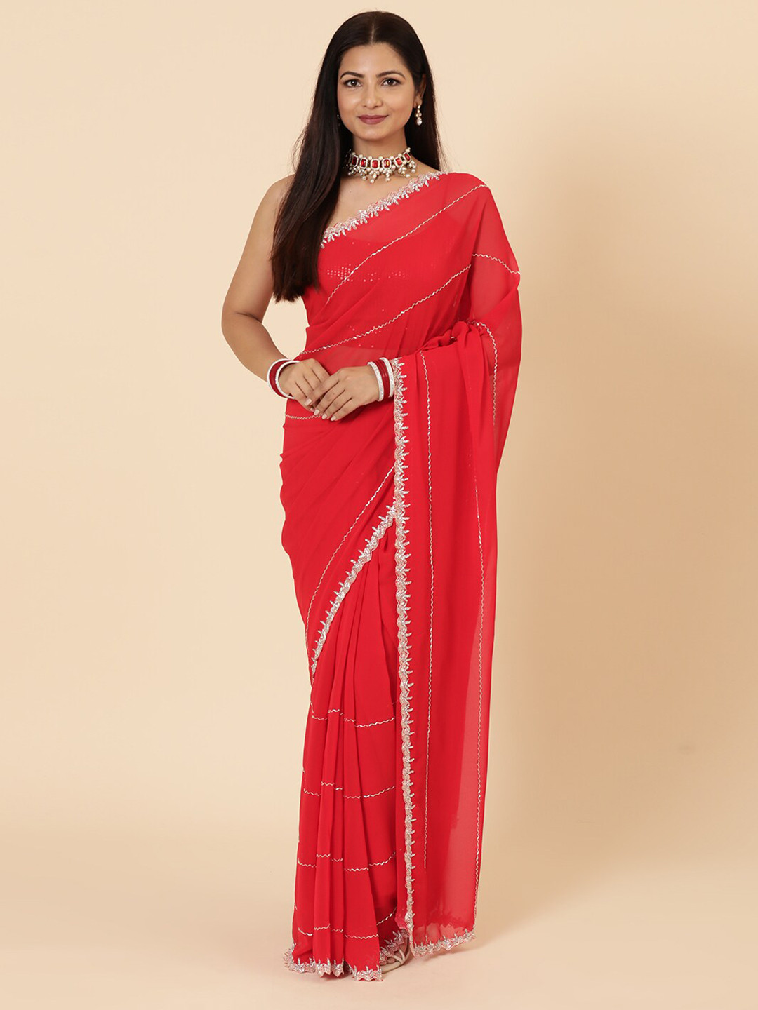 

Vervee Couture Embellished Beads and Stones Pure Georgette Saree, Red