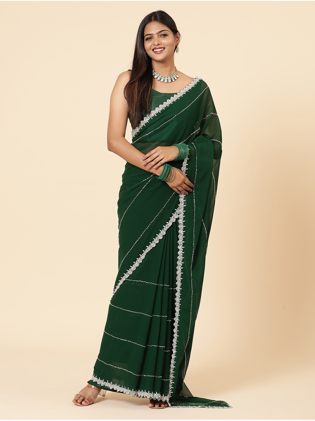 

Vervee Couture Embellished Beads and Stones Pure Georgette Saree With Blouse Piece, Green