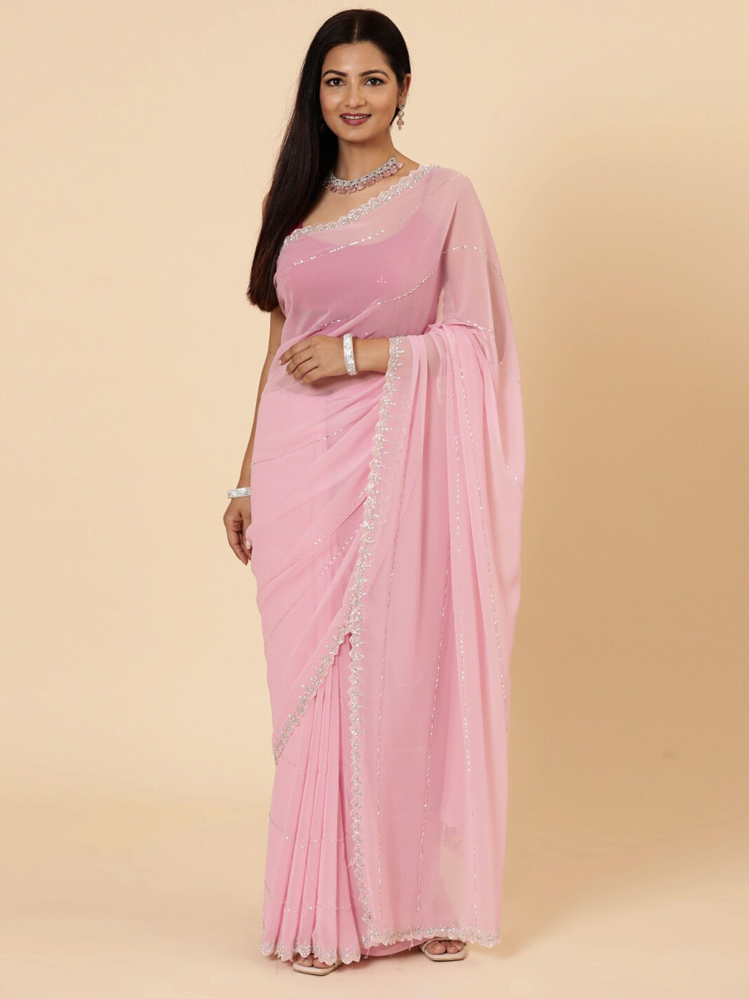 

Vervee Couture Embellished Beads and Stones Pure Georgette Saree, Pink