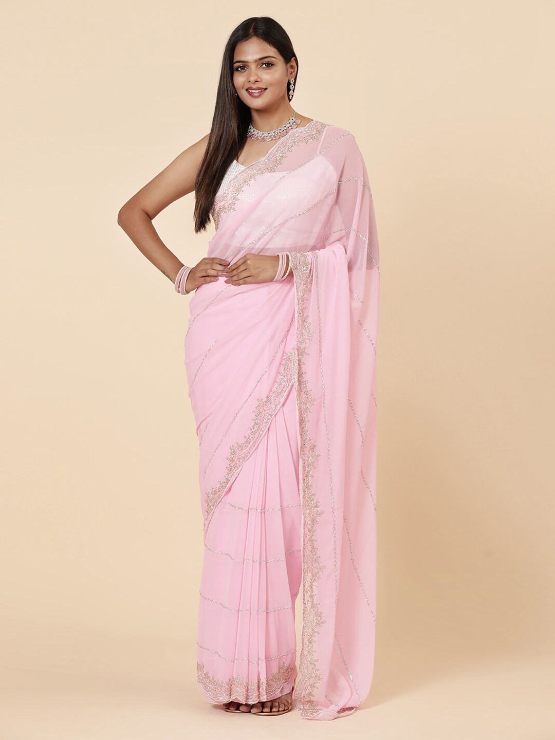 

Vervee Couture Embellished Beads and Stones Pure Georgette Saree, Pink