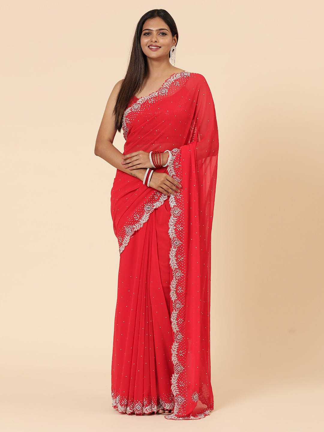 

Vervee Couture Embellished Beads and Stones Pure Georgette Saree, Red