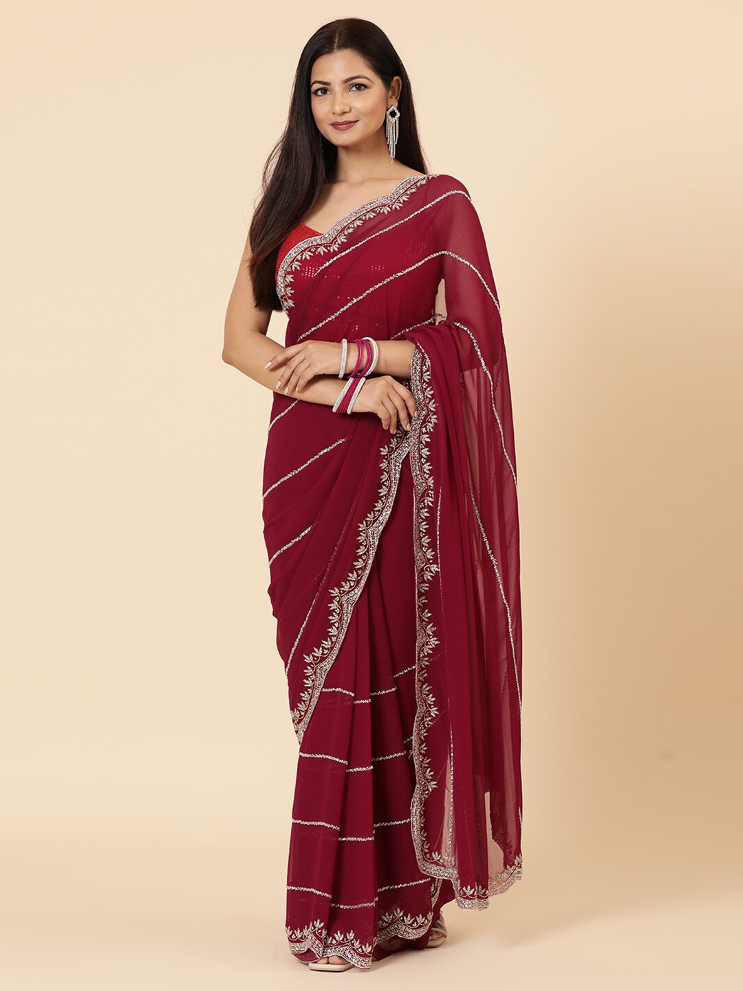 

Vervee Couture Embellished Beads and Stones Pure Georgette Saree, Burgundy
