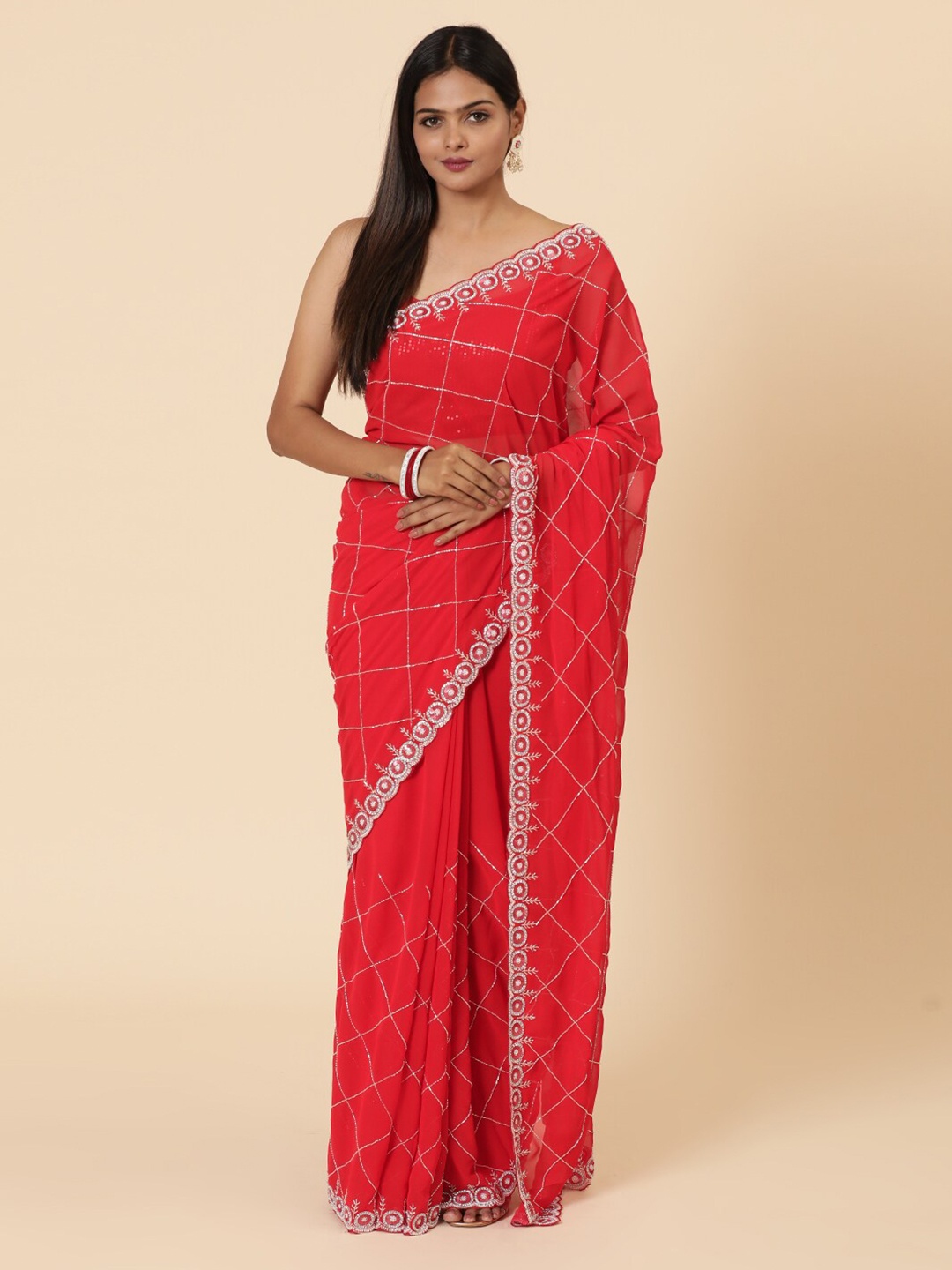 

Vervee Couture Embellished Beads and Stones Pure Georgette Saree, Red