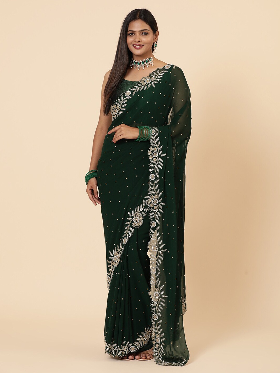 

Vervee Couture Embellished Beads and Stones Pure Georgette Saree, Green