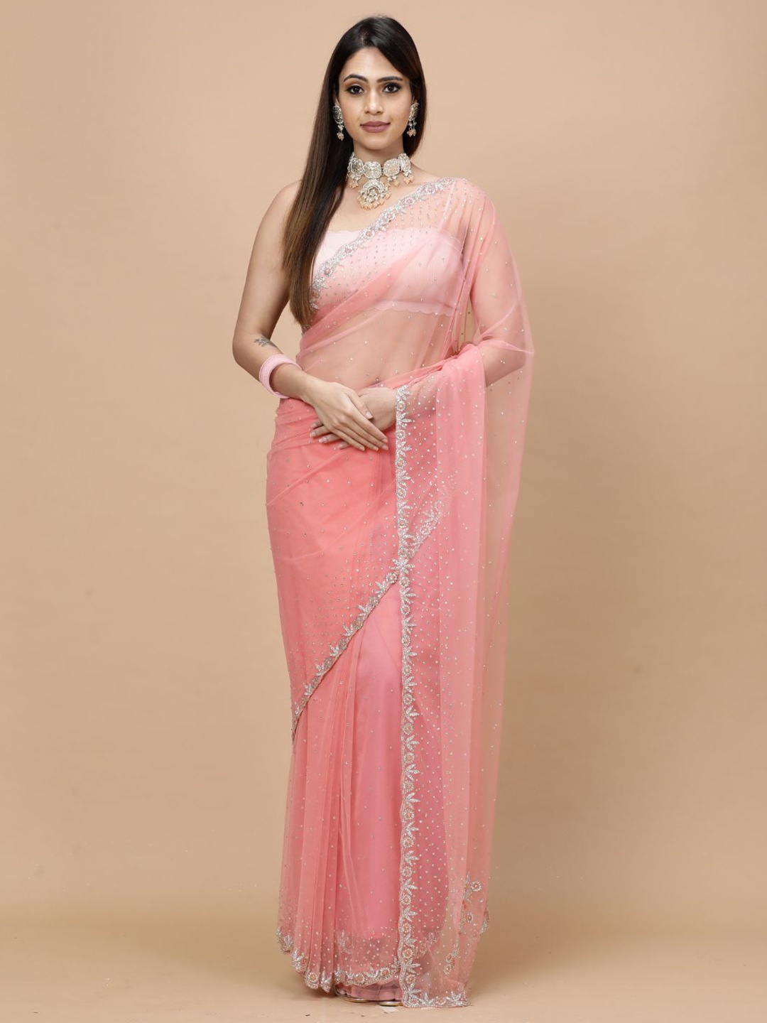 

Vervee Couture Embellished Beads and Stones Net Saree, Pink