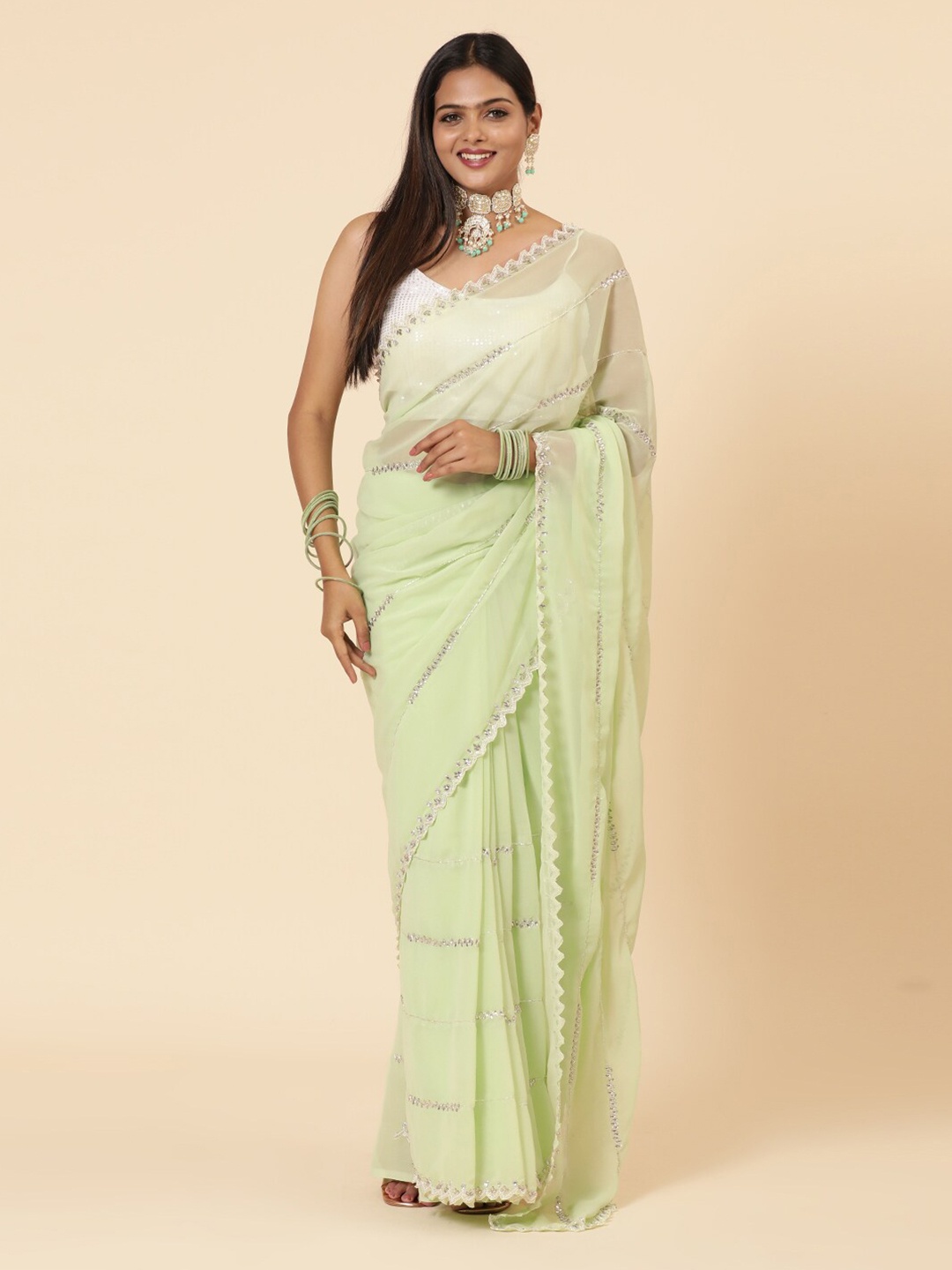 Vervee Couture Embellished Beads and Stones Pure Georgette Saree, Green