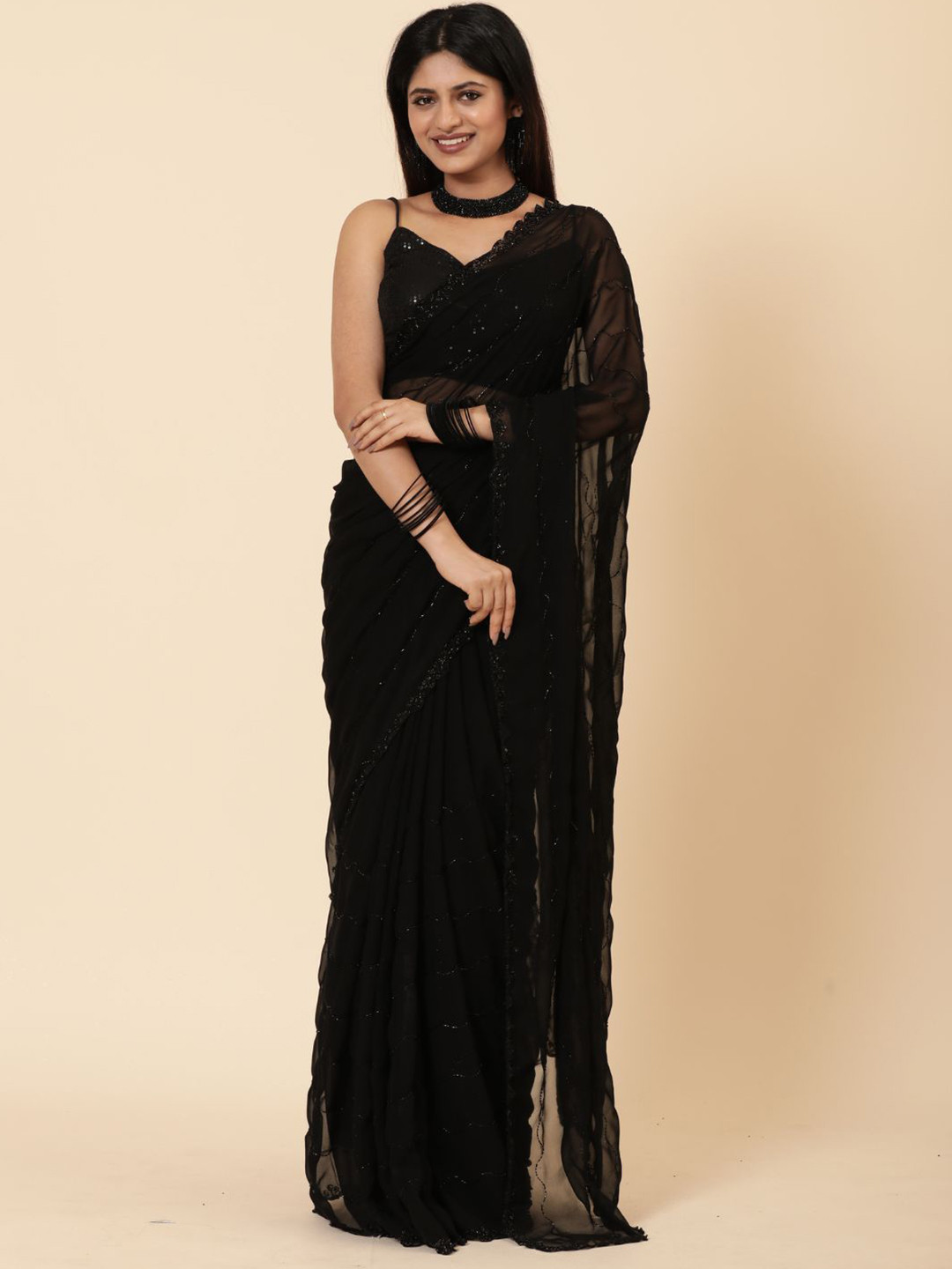 

Vervee Couture Embellished Beads and Stones Pure Georgette Saree, Black