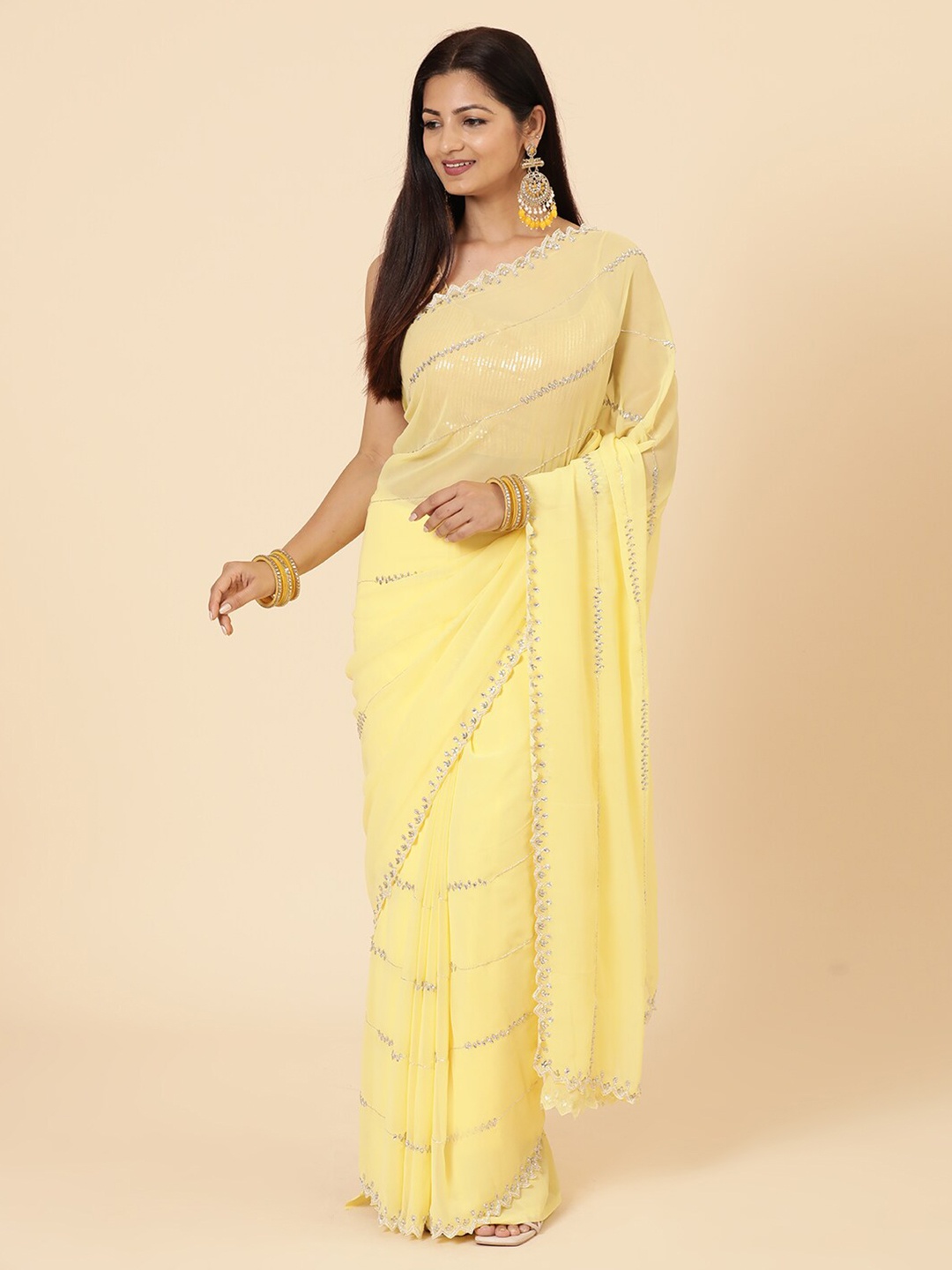 

Vervee Couture Embellished Beads and Stones Pure Georgette Saree, Yellow
