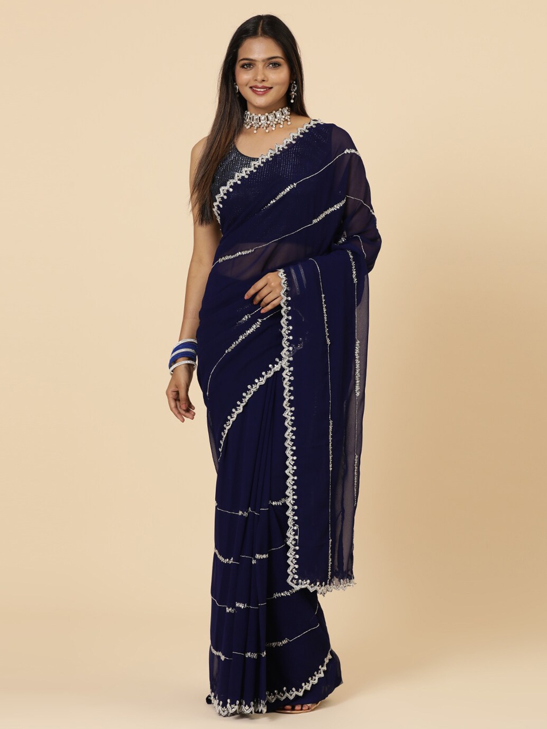 

Vervee Couture Embellished Beads and Stones Pure Georgette Saree, Navy blue