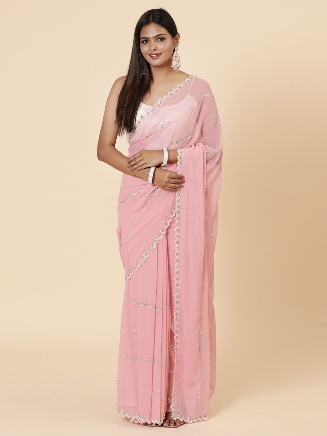 Vervee Couture Embellished Beads and Stones Pure Georgette Saree, Pink