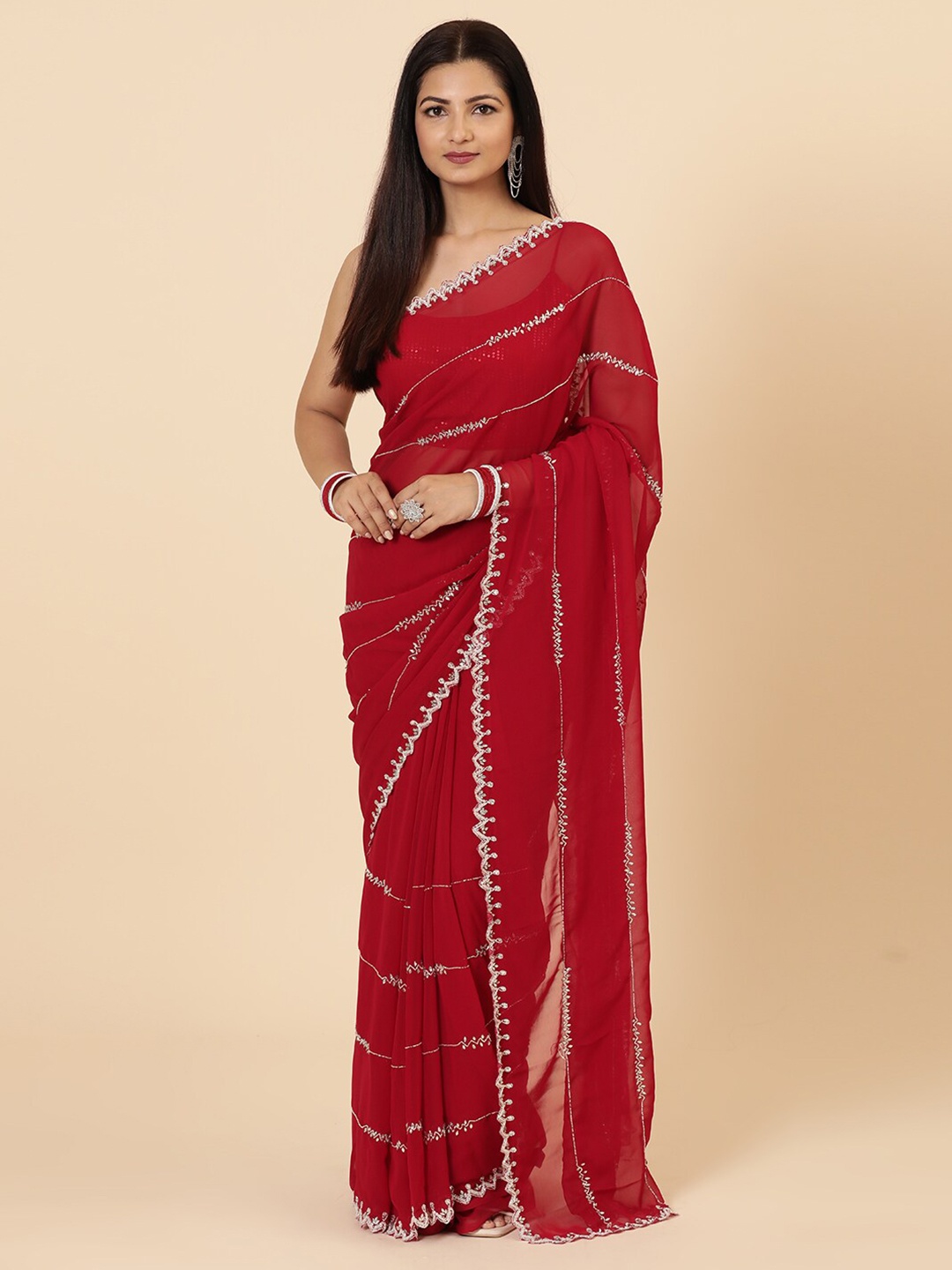 

Vervee Couture Embellished Beads and Stones Pure Georgette Saree With Blouse Piece, Red