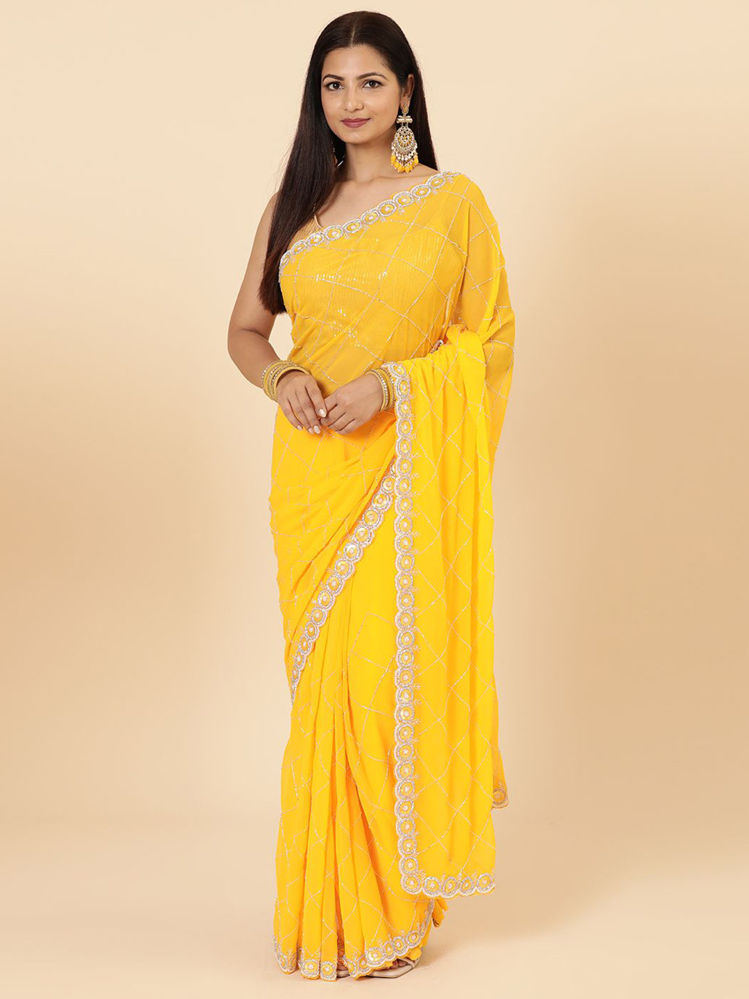 

Vervee Couture Embellished Beads and Stones Pure Georgette Saree, Yellow