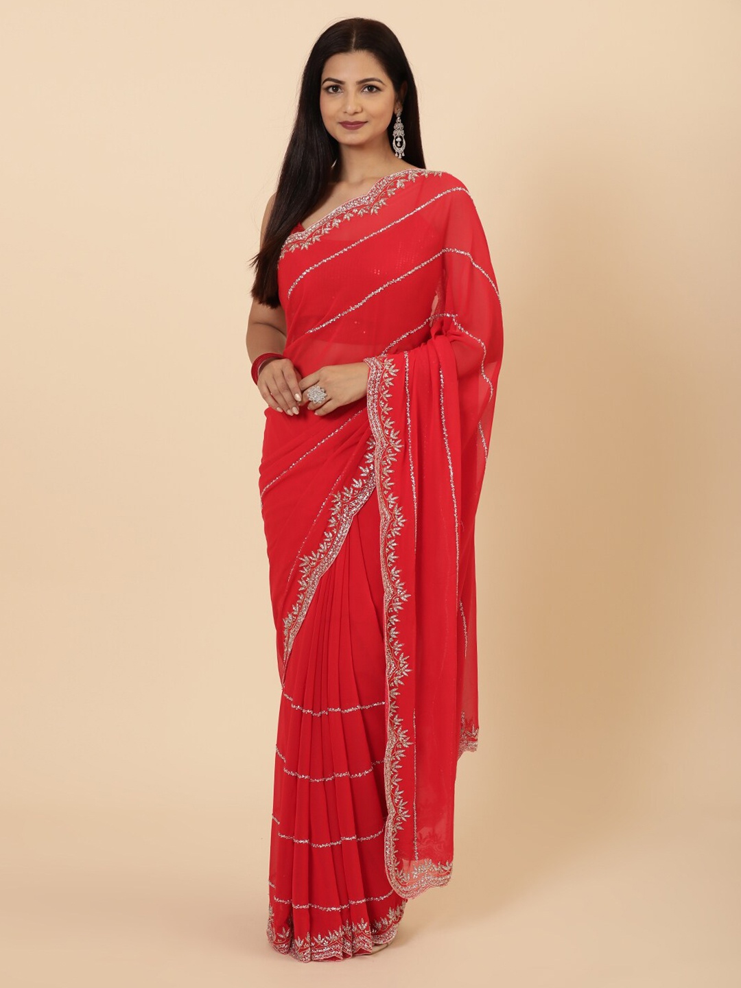 

Vervee Couture Embellished Beads and Stones Pure Georgette Saree, Red