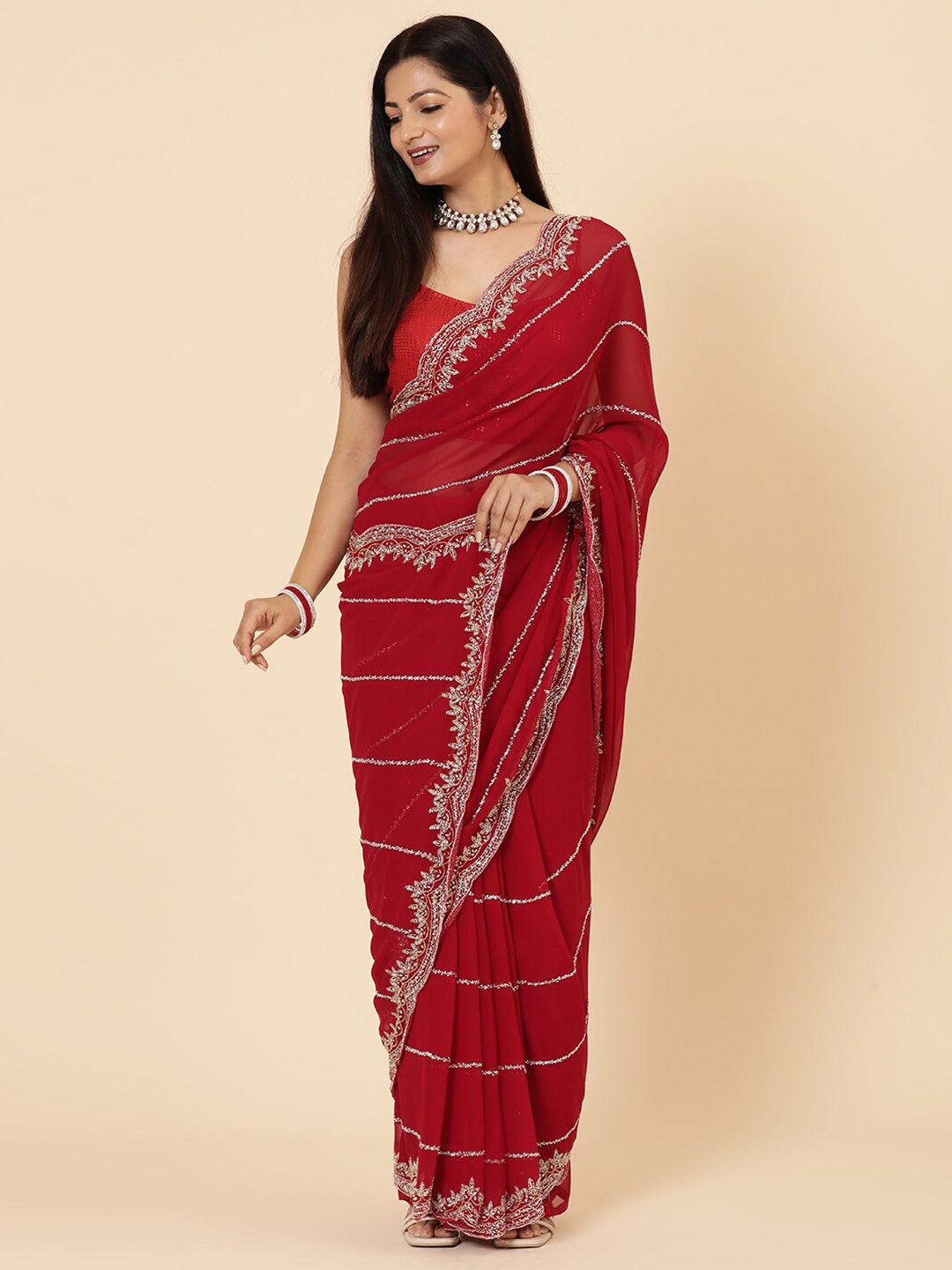 

Vervee Couture Embellished Beads and Stones Pure Georgette Saree, Red
