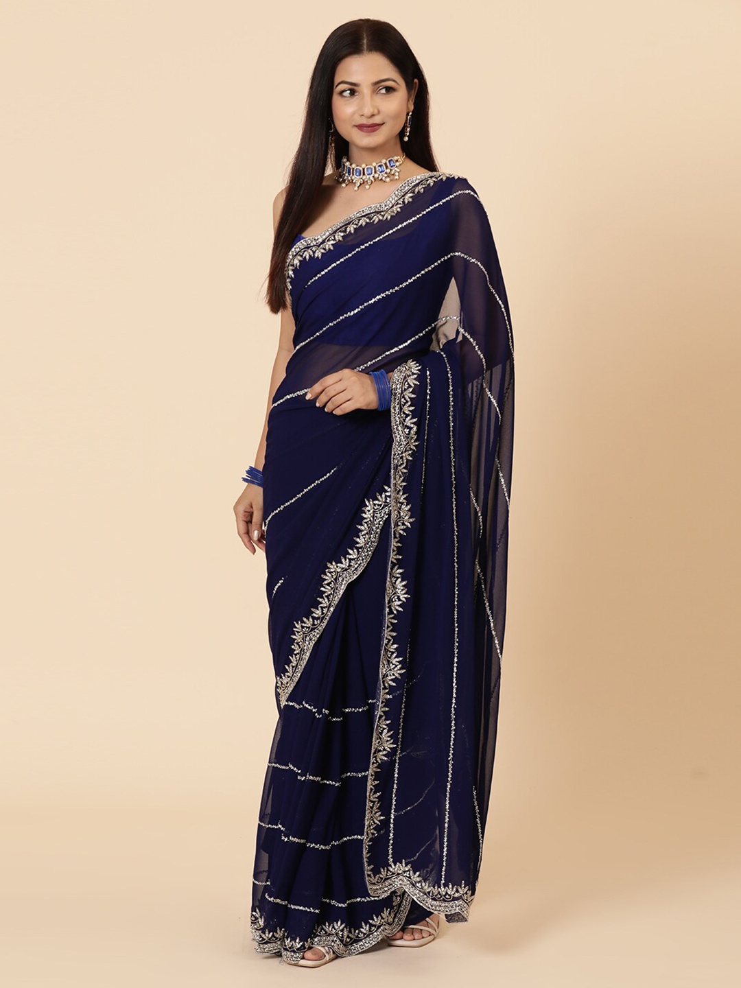 

Vervee Couture Embellished Beads and Stones Pure Georgette Saree, Navy blue