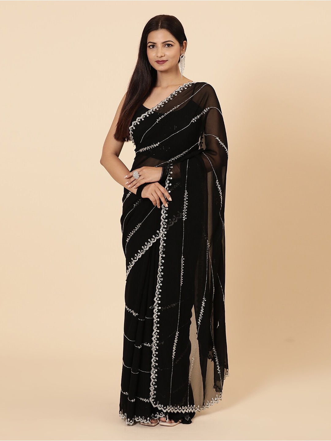 

Vervee Couture Embellished Beads and Stones Pure Georgette Saree, Black